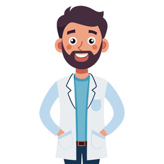 Cheerful Male Doctor with Beard in White Coat Standing Confidently With His Hands in His Pockets Ready to Help