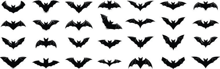 Bat silhouette collection, flying shapes, Halloween vector design, spooky animal icons, black wings, nocturnal creatures, graphic art, decoration elements