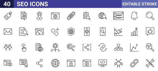 SEO Editable Stroke Vector Icon Set – Tag, Link, Analytics, Search, Globe, Sitemap, Speed, Mobile, Like, Share, Key, Growth, Security, Email, Settings, Magnifying Glass, Chart