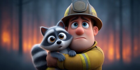 Firefighter comforting a scared raccoon during forest fire at dusk