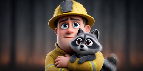 Firefighter comforts scared raccoon in the forest during a rescue operation at dusk
