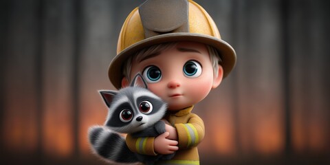 Firefighter comforts scared raccoon in a warm and caring moment during an emergency response