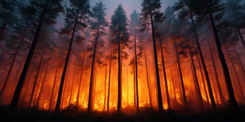 Flames consume a dense forest, revealing the beauty and danger of nature in a dramatic display of fire and smoke
