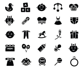 Baby Icon Set: Cute, Black Glyph Style, Happy Motherhood Theme Vector.