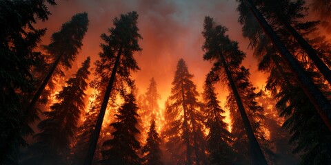 Dramatic view of a dense forest engulfed in flames during a wildfire at dusk