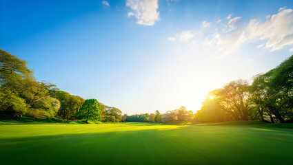 Serene Sunrise over Lush Green Golf Course Fairway, Vibrant Spring Landscape