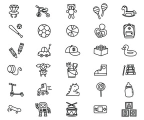 Cheerful Black and White Line Art Icons: Toys, Sports, and Baby Items for Children's Products
