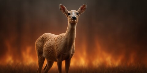 Frightened deer standing at edge of a fire-lit forest at dusk amidst the chaos of its surroundings