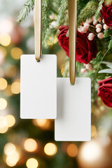 Set of two white gift tags with golden ribbons hanging among evergreen branches