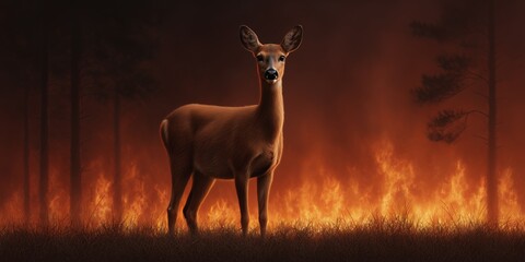 Frightened deer stands at the edge of a forest fire while flames lick the ground and smoke fills the air