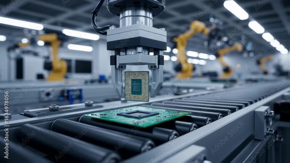 Poster manufacturing technology with robotics mounting processor on production conveyor belt.