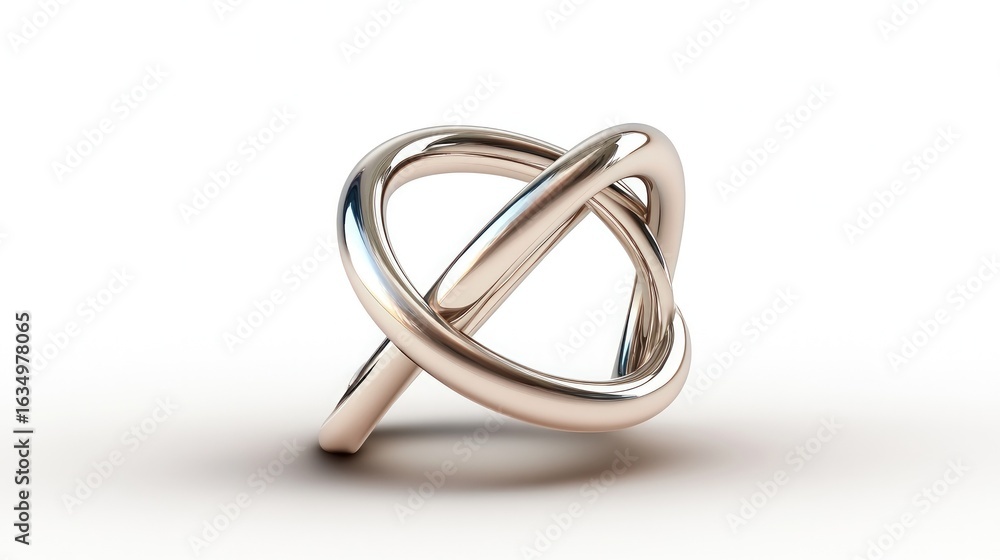 Poster abstract metallic knot shape three dimensional render with polished silver finish on clean white bac