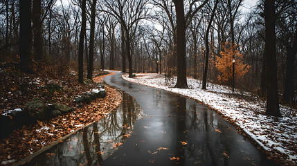 Winding wet path through bare trees with scattered autumn leaves and patches of snow image