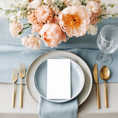 Menu card mockup on the plate on the elegant table setting with gold cutlery and lush peach peonies