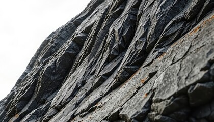 Close up perspective on rugged, dark gray stone formations with sharp edges and natural weathering patterns