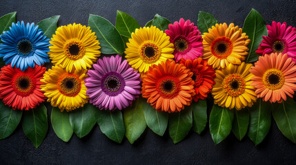 Vibrant spectrum of fresh gerbera daisy blooms and lush green leaves arranged horizontally on dark textured background, creating beautiful floral border from overhead perspective for design elements.