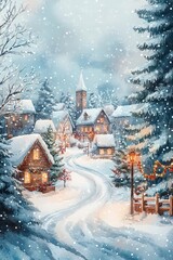 Cozy festive village in Christmas style. Ideal for Christmas cards