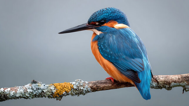 Vibrant blue and orange kingfisher perched on a lichen covered branch bird - Powered by Adobe