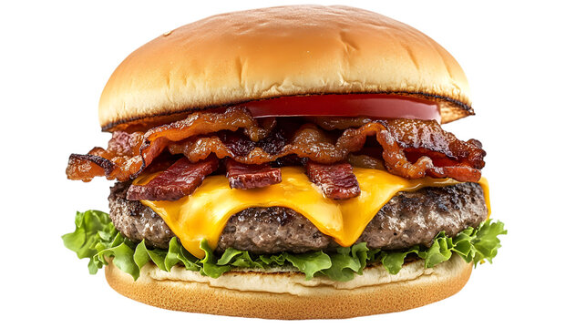 A hamburger with bacon, cheese, and tomato on top. The burger is served on a white background