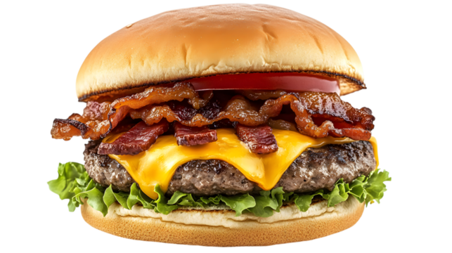 A hamburger with bacon, cheese, and tomato on top. The burger is served on a white background