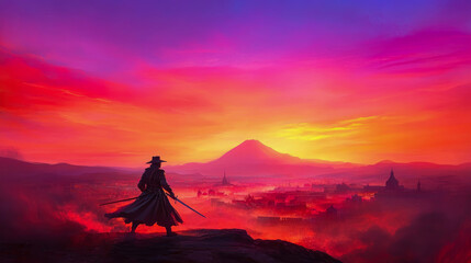 Fototapeta premium Samurai Warrior Stands on Ridge, Silhouetted Against Explosive Sunset Sky Overlooking Hazy City and Distant Mountain