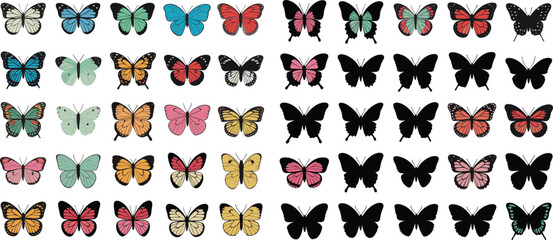 Colorful butterfly collection, diverse butterfly species, butterfly silhouettes, nature's beauty, insect diversity, vibrant butterfly patterns