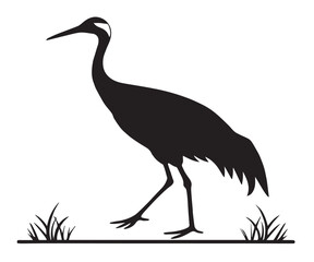 Obraz premium Silhouette of a Crane Walking on Grass with a Gridded Background