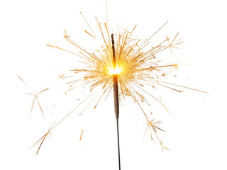 Sparkler with bright glowing sparks isolated on transparent background