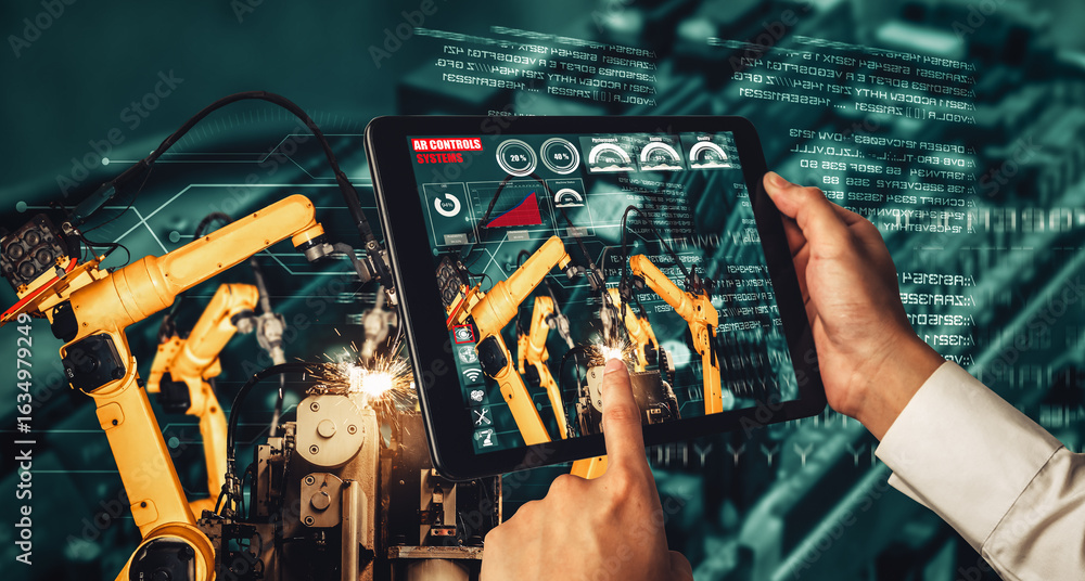 Poster engineer controls robotic arms by augmented reality industry technology application software. smart 