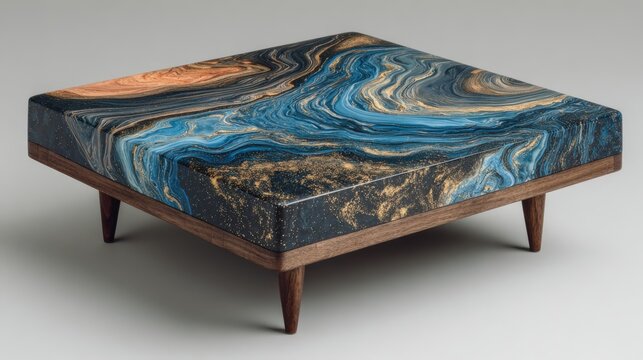 Modern coffee table in dark ebony with vibrant cobalt, coral, and gold swirls