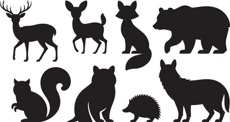 Naklejka premium Wild Animals Silhouette Set Deer Fox Bear Squirrel Cat Hedgehog Wolf on Transparent Background