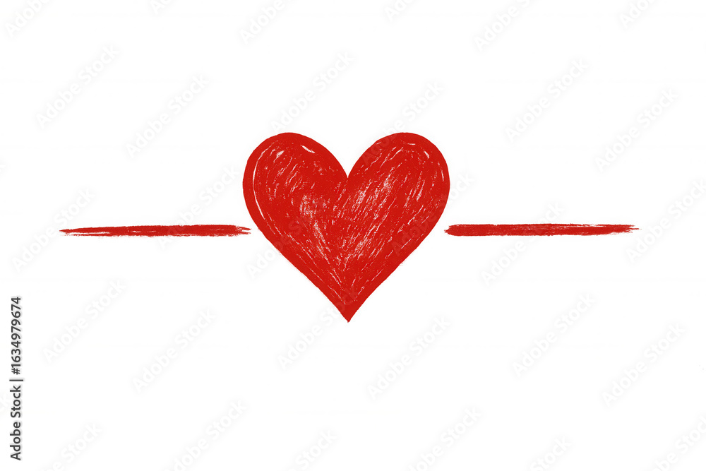 Poster red scribbled heart dividing two horizontal lines on a transparent background, perfect for valentine