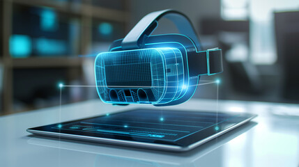 Futuristic holographic VR headset projection emerging from tablet. Innovative augmented and virtual reality technology for immersive digital experiences and advanced interactive design.