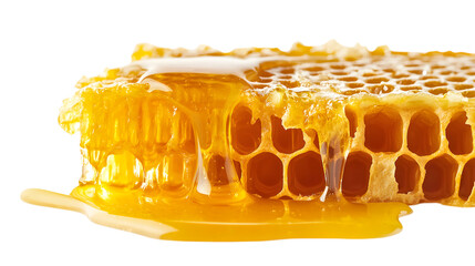 A honeycomb with a drop of honey on it. The honeycomb is yellow and has a honeycomb pattern