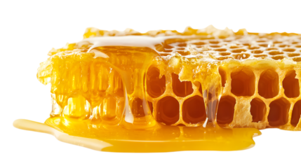 A honeycomb with a drop of honey on it. The honeycomb is yellow and has a honeycomb pattern