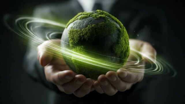 Erneuerbare Energien &ndash; Moos-Erde in H&auml;nden mit dynamischen Lichtringen als Symbol f&uuml;r Klimaschutz. K&uuml;nstliche Intelligenz KI