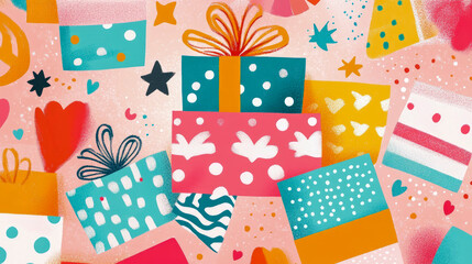 Obraz premium Vibrant Festive Assortment of Colorful Gift Boxes with Playful Patterns and Sparkling Accents on Soft Pink Background