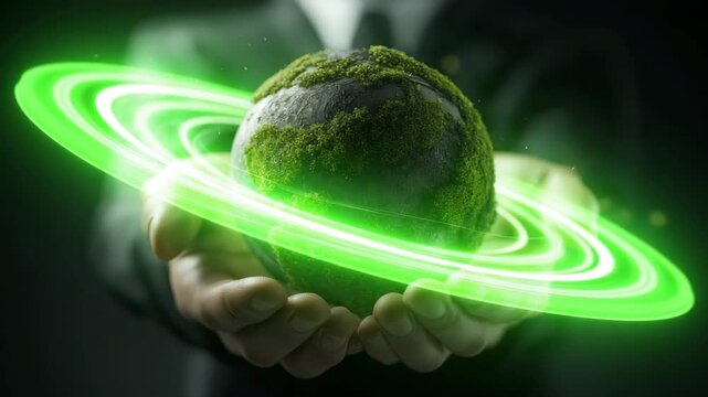 Erneuerbare Energien &ndash; Moos-Erde in H&auml;nden mit dynamischen Lichtringen als Symbol f&uuml;r Klimaschutz. K&uuml;nstliche Intelligenz KI