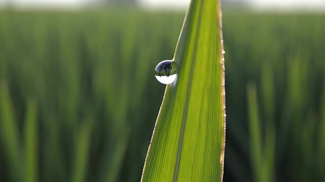 Capture the serenity of morning in 4K as sunlight reflects off a single drop of dew resting on a fresh rice leaf highlighting the beauty and delicacy of nature's early moments