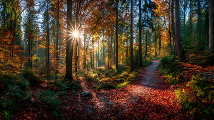 Obraz premium Sunburst through autumn forest path with fallen leaves sun rays