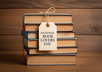 A stack of vintage books tied with twine and a tag celebrating national book lovers day on a wooden background