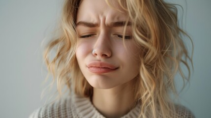 Naklejka premium A beautiful young woman with a toothache touching her cheek and showing pain. The image represents the concept of dental problems and health issues.