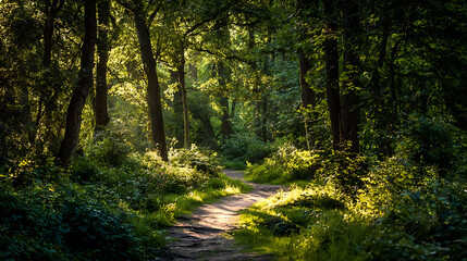 Fototapeta premium Sunlit forest path winding through lush green foliage sunlight trees