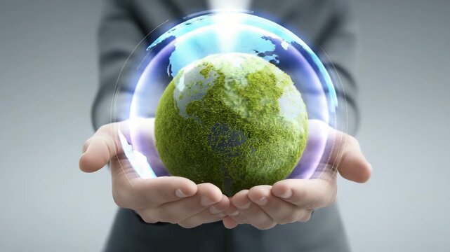 Erneuerbare Energien &ndash; Moos-Erde in H&auml;nden mit dynamischen Lichtringen als Symbol f&uuml;r Klimaschutz. K&uuml;nstliche Intelligenz KI