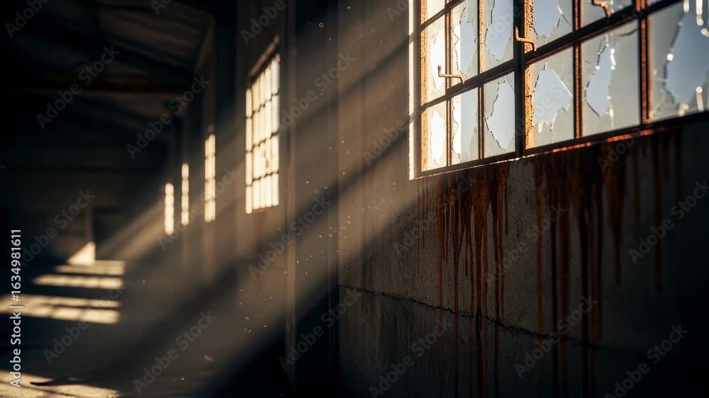 Poster moody light filtering through broken windows in a deserted warehouse with rust stains.