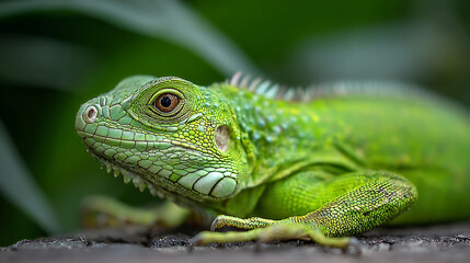 Fototapeta premium Vibrant green iguana scales detailed reptile eye image