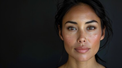 Fototapeta premium Description: A close-up portrait of a serious beautiful woman with brown eyes looking at the camera. The image conveys a sense of quiet strength and natural beauty.