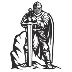 Obraz premium Medieval knight gripping massive sword, wearing gleaming plate armor and flowing cape in monochrome old school tattoo style for chivalry, warrior strength, vintage combat emblem, knight art.