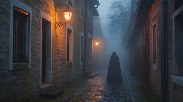 A mysterious figure shrouded in darkness, walking along a cobblestone alley. - Powered by Adobe