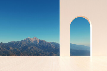 Minimal room with archway revealing scenic mountain landscape